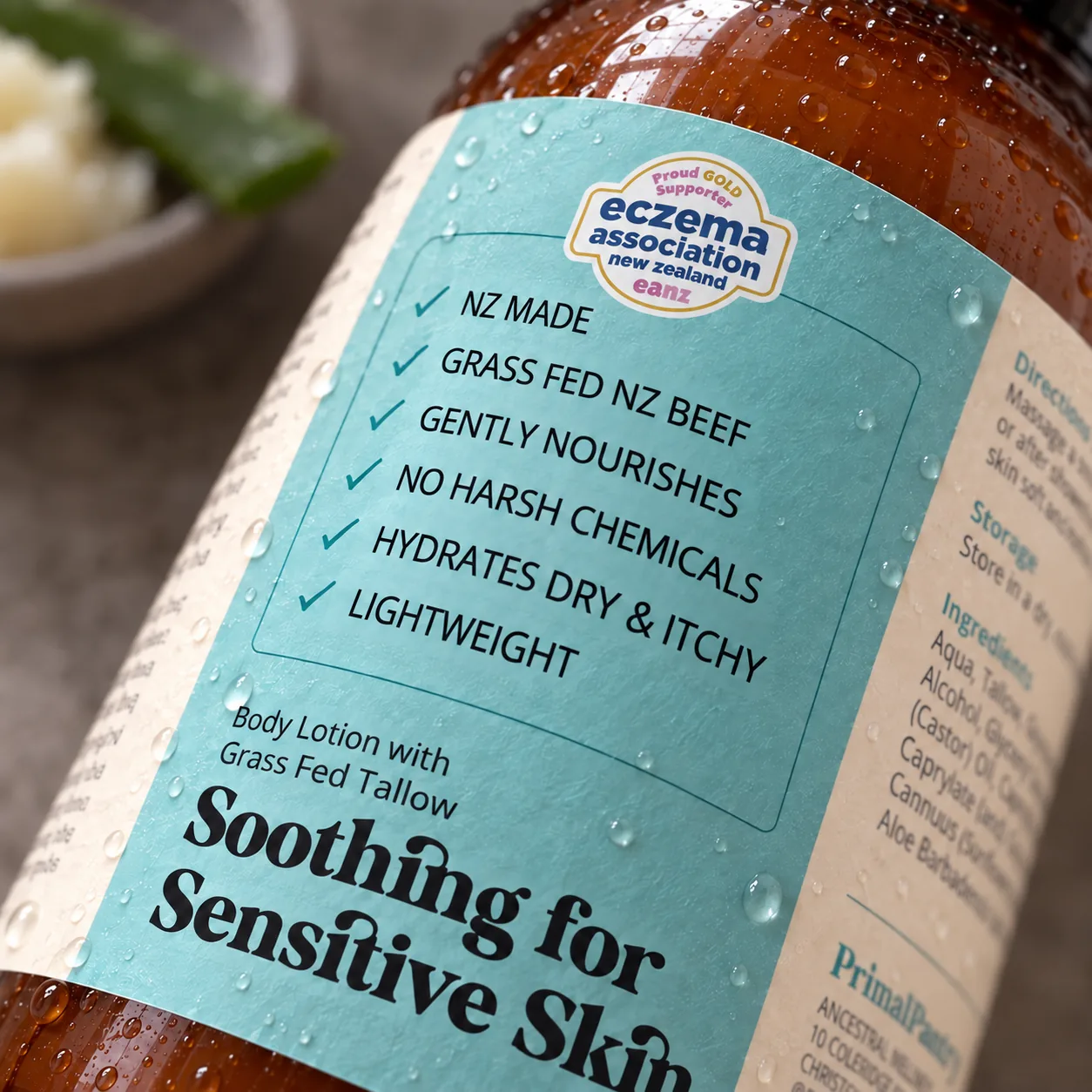 Natural tallow lotion benefits and Eczema Association NZ supporter badge