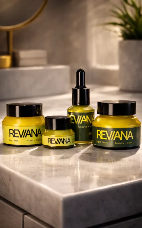 Reviana Complete Ritual — the Serum, Eye Cream, Day Cream and Night Cream together on a bathroom bench