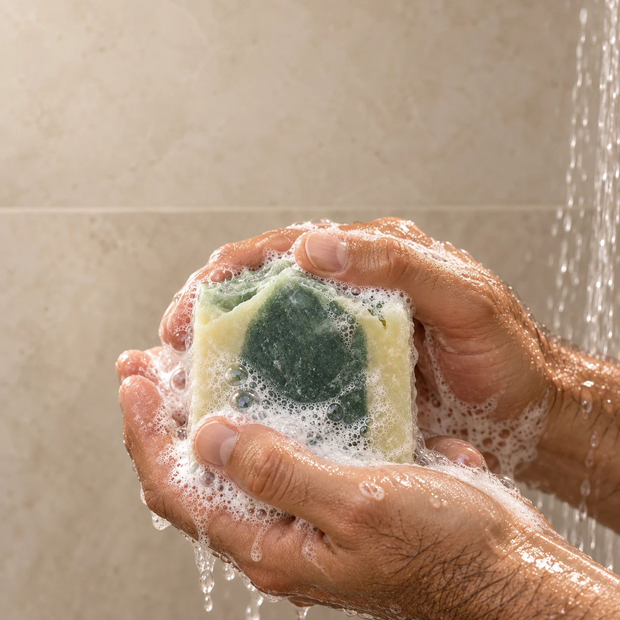 A man lathering the unwrapped green Reviving bar in his hands
